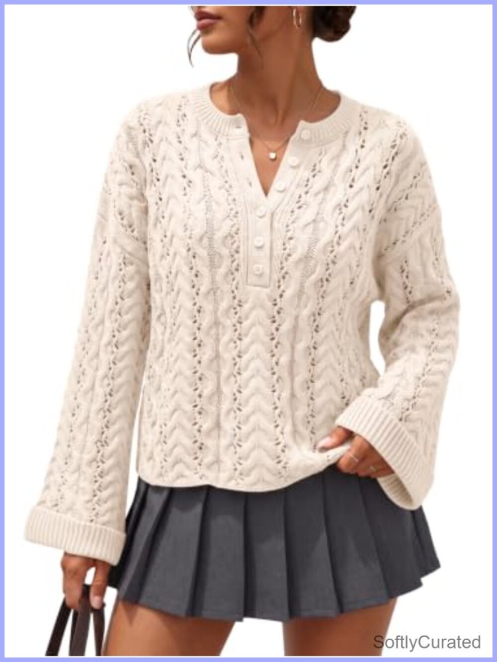 Cable Knit Henley Cropped Sweater Cotton Blend Pullover
